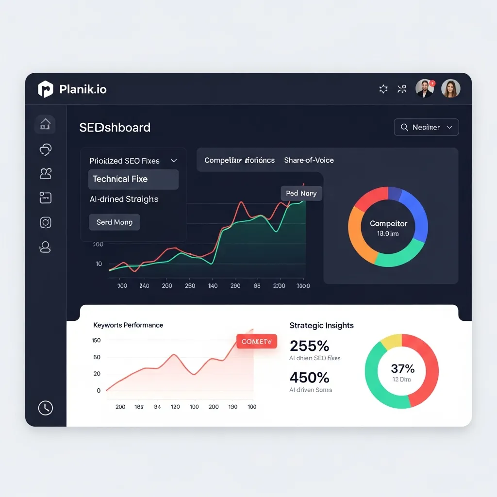 Planik.io AI SEO dashboard showing keyword performance, competitor share-of-voice, and prioritized technical audit insights.