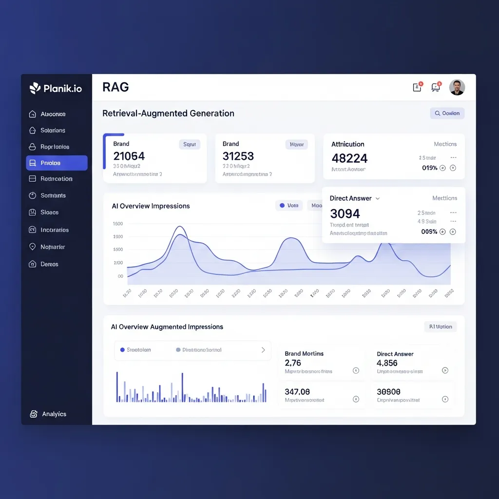 Planik.io dashboard showing AI Overview impressions and RAG SEO metrics for modern content strategy.