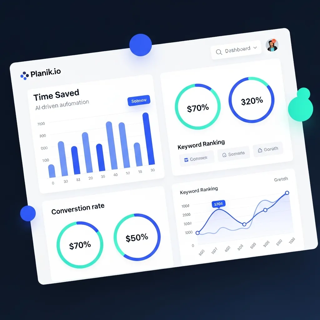 Professional Planik.io dashboard displaying AI-driven SEO metrics including ranking changes and conversion rates.