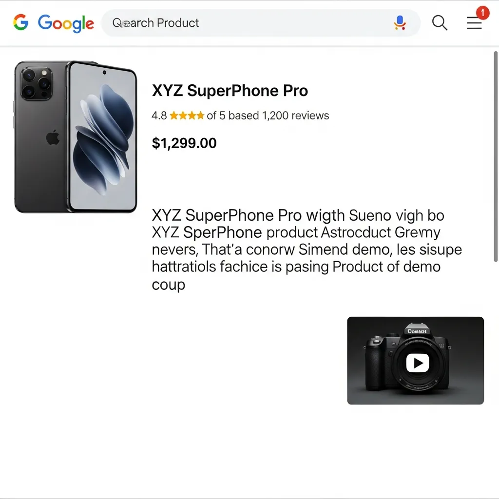Screenshot of a Google search rich result featuring a product image and video thumbnail snippet.