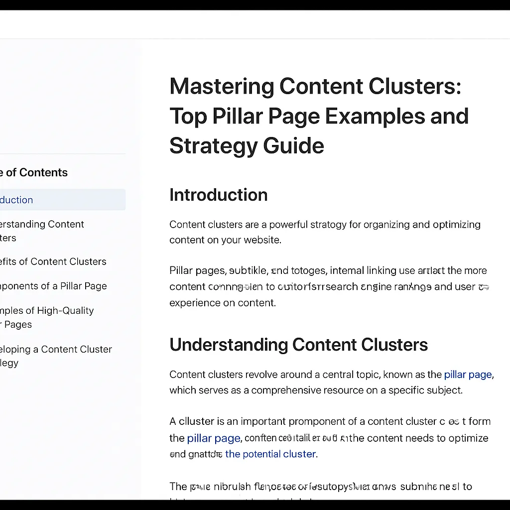 Screenshot of a pillar page about content clusters featuring a sticky table of contents sidebar.