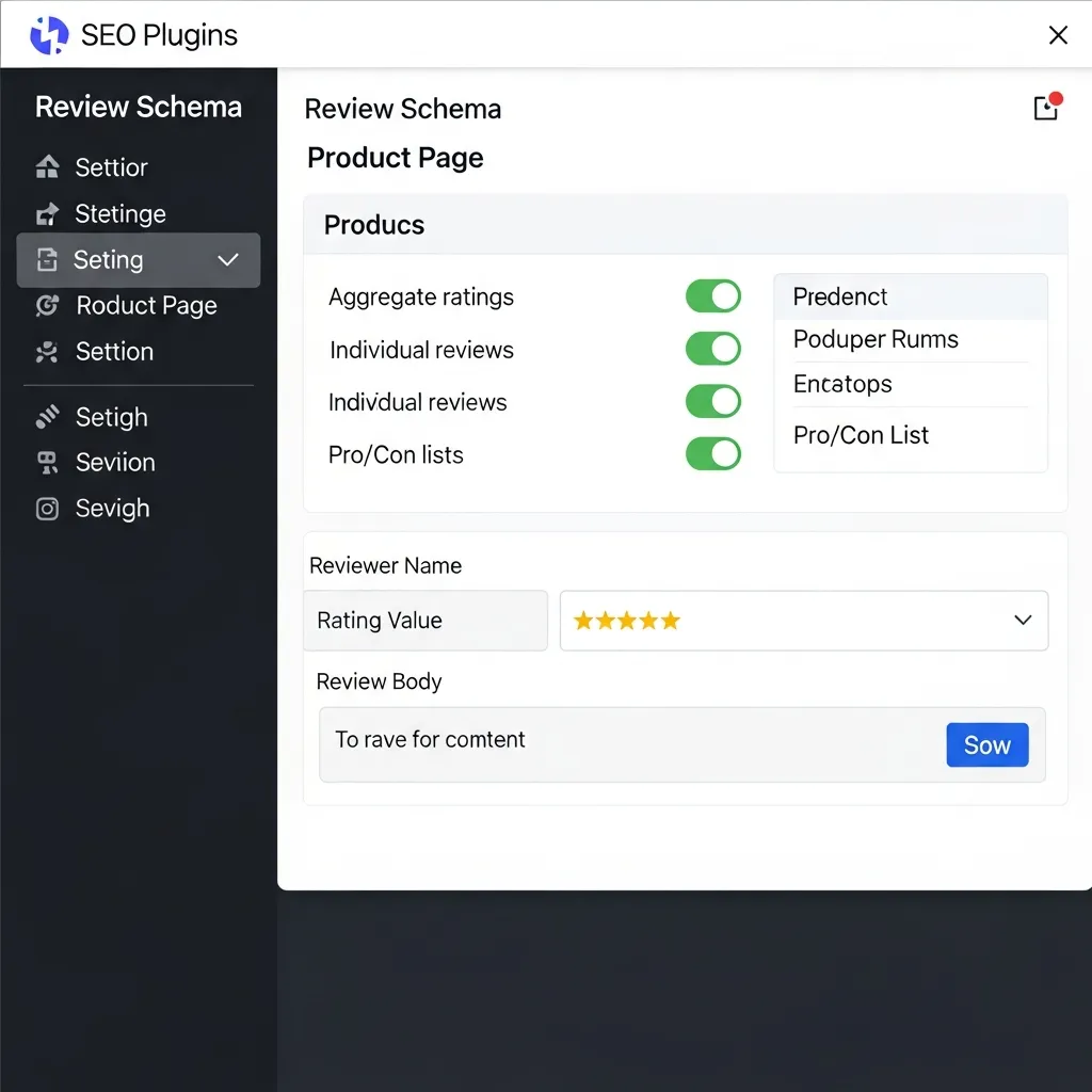 Screenshot of a professional SEO plugin interface showing review schema configuration options for product rich snippets.