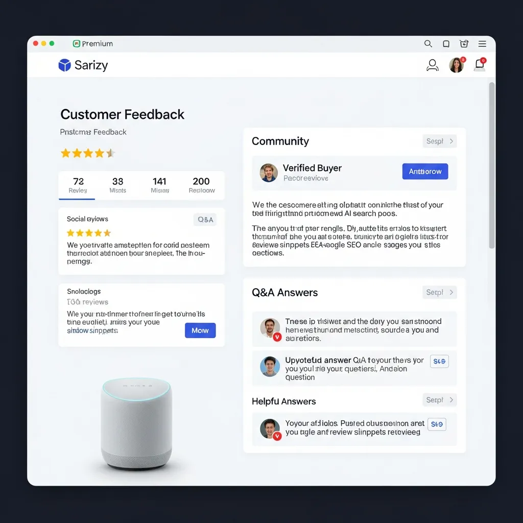 Screenshot of an e-commerce product page featuring integrated user reviews and Q&A sections for AI-driven search optimization.