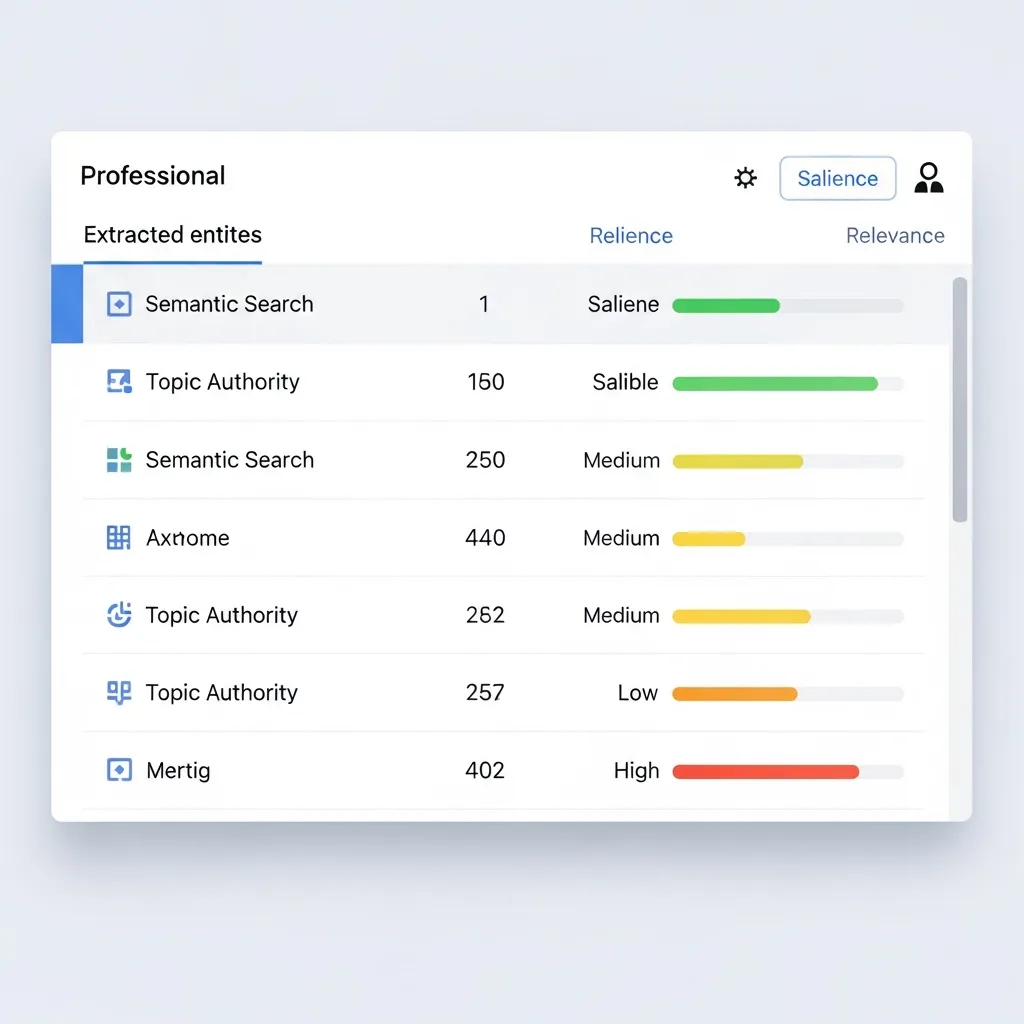 Screenshot of an NLP tool analyzing entities and salience scores for semantic SEO content strategy.