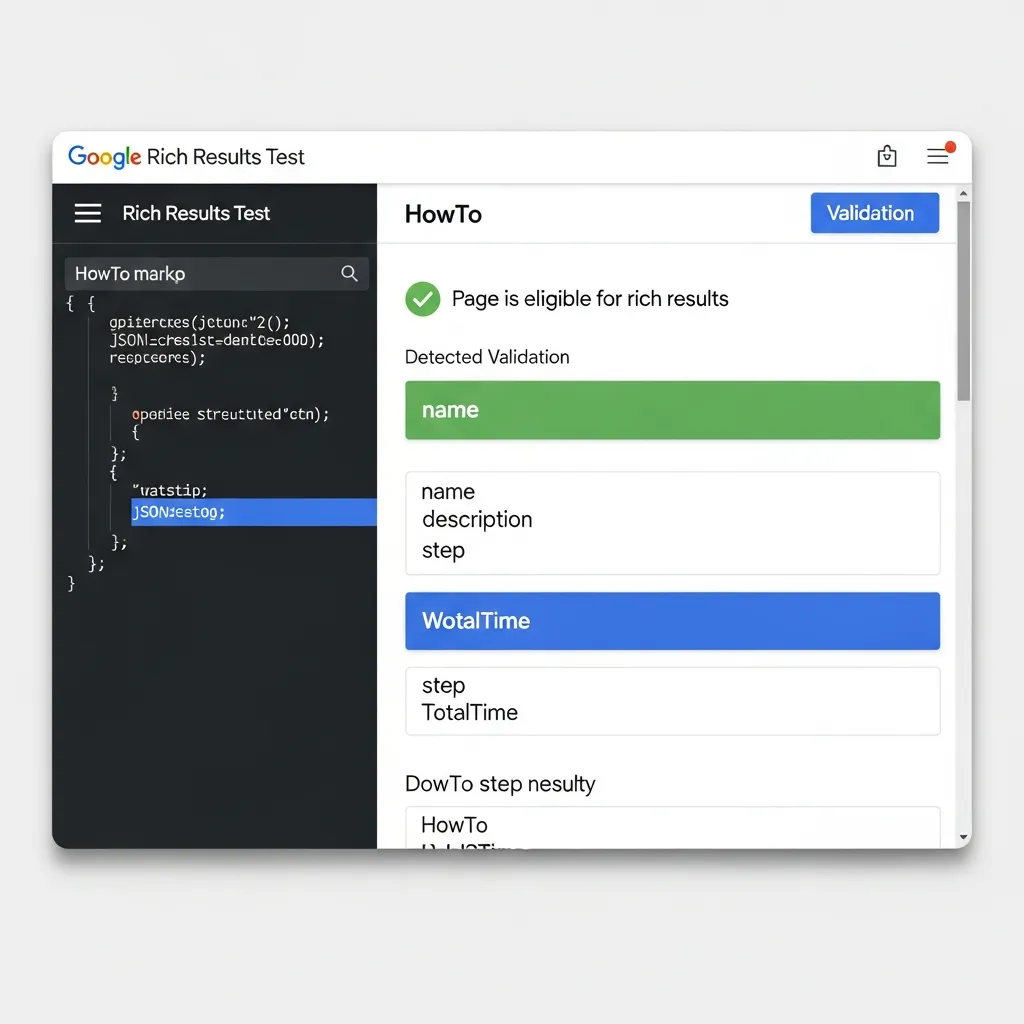 Screenshot of Google Rich Results Test showing successful HowTo schema validation with green checkmark for SEO.