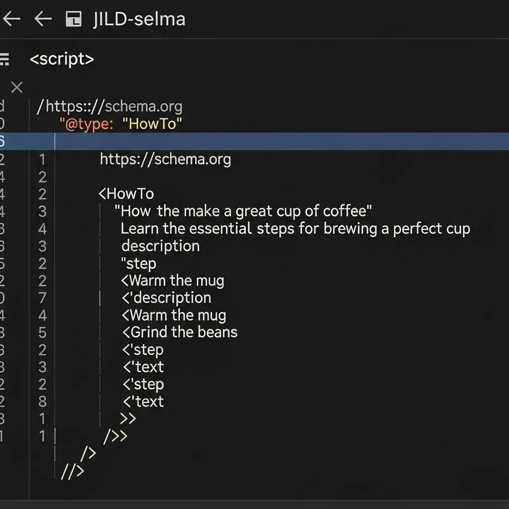 Screenshot of JSON-LD HowTo schema markup code embedded in an HTML head for SEO rich results.