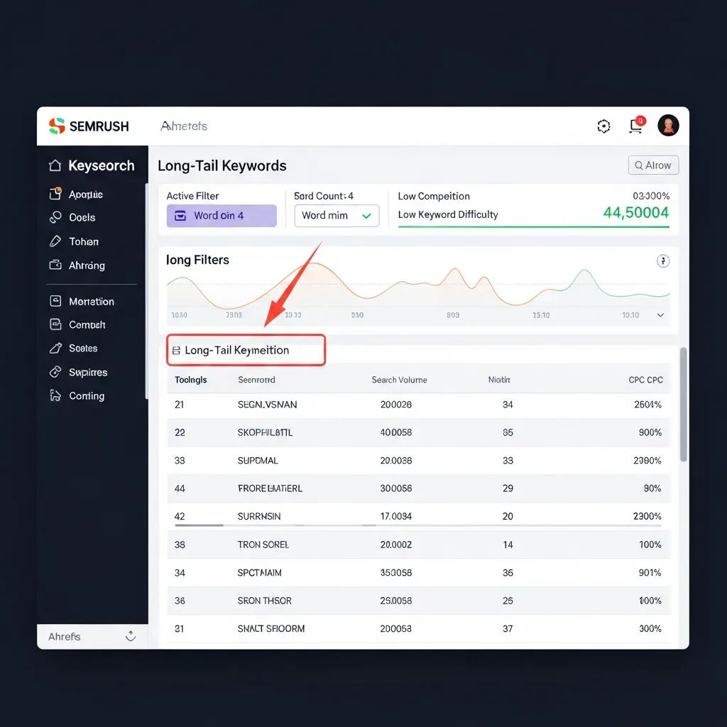 Screenshot of Semrush keyword filters set for long-tail keyword research with low difficulty.