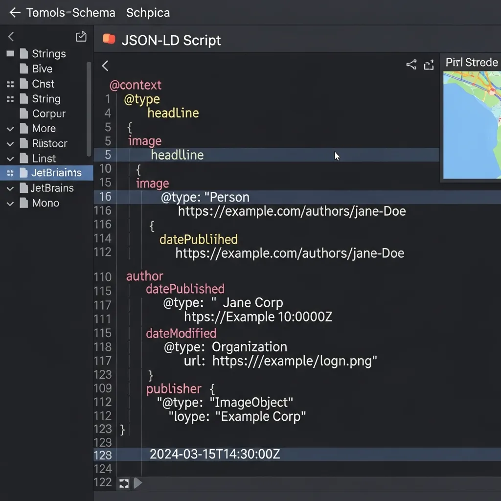 Screenshot of structured JSON-LD Article schema markup featuring nested author, publisher, and ISO 8601 timestamps.