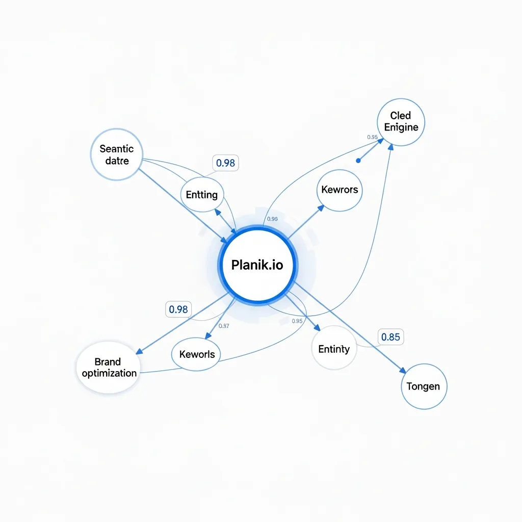 Semantic network diagram showing Planik.io brand entity optimization with interconnected nodes and confidence scores.
