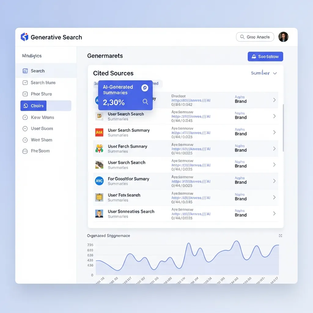 SEO dashboard displaying search queries and cited website sources within AI-generated search summaries.