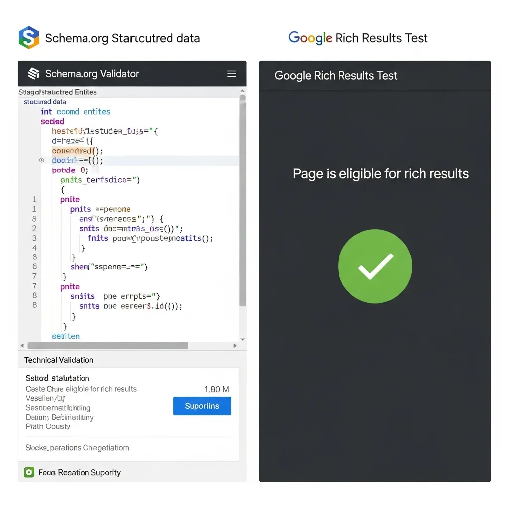 Side-by-side comparison of Schema.org Validator and Google Rich Results Test interfaces for SEO validation.
