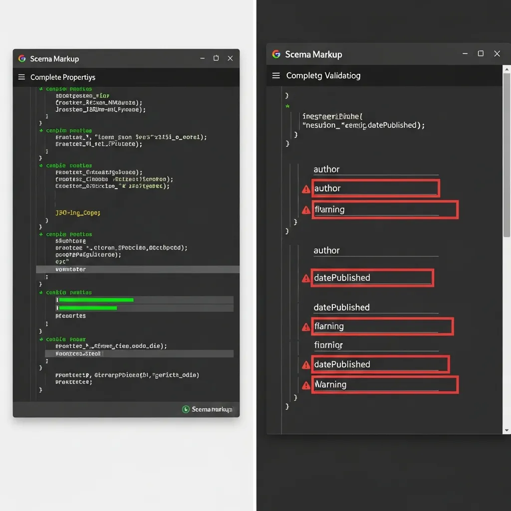 Side-by-side comparison of valid versus incomplete schema markup for search engine optimization visibility.