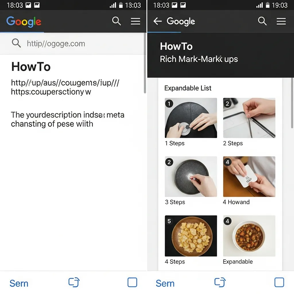 Side-by-side mobile SERP comparison of a standard search result and a HowTo rich result with schema.