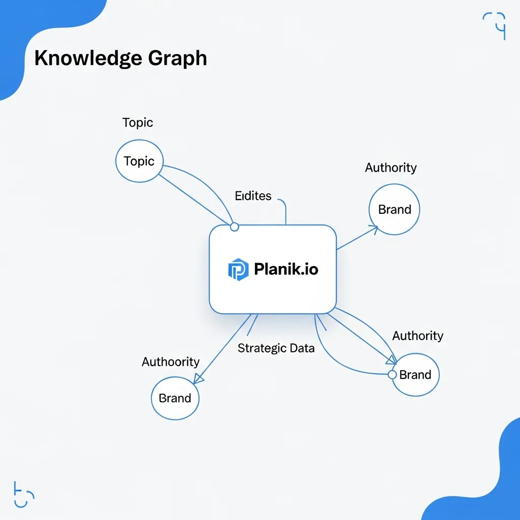 Simplified knowledge graph diagram showing interconnected entities and semantic relationships for Planik.io entity SEO strategy.