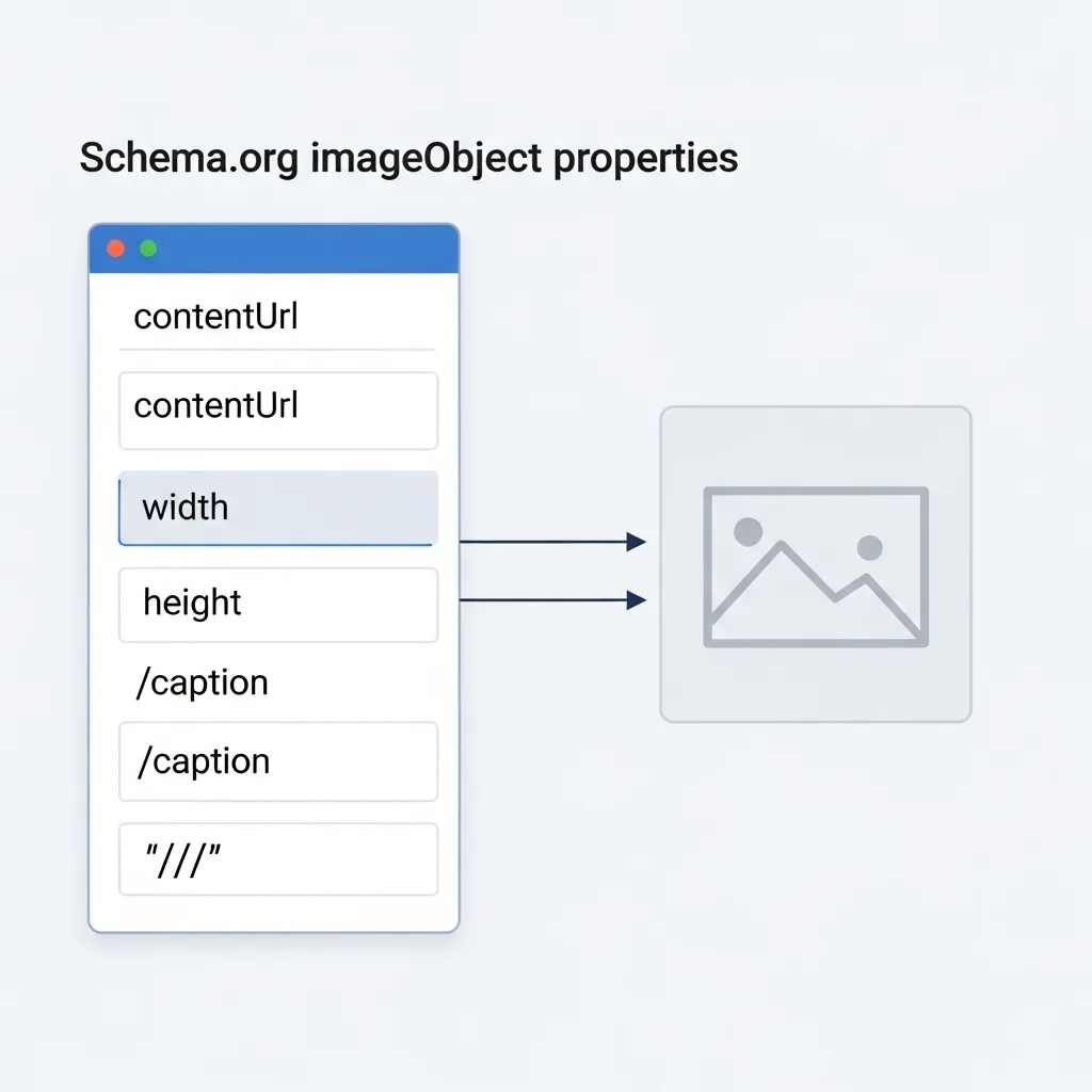 Technical diagram illustrating ImageObject schema properties mapped to a visual image file for SEO.