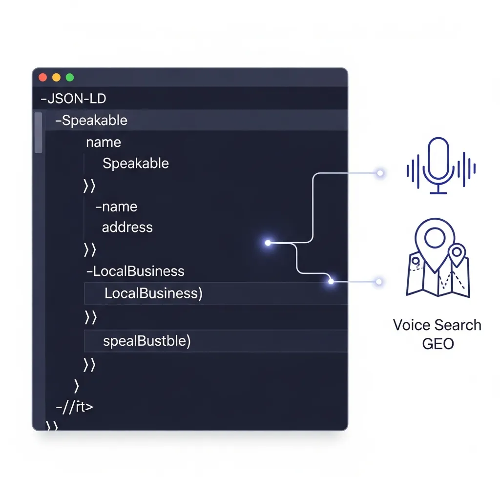 Technical diagram illustrating Speakable and LocalBusiness Schema markup structure within HTML for voice search SEO.