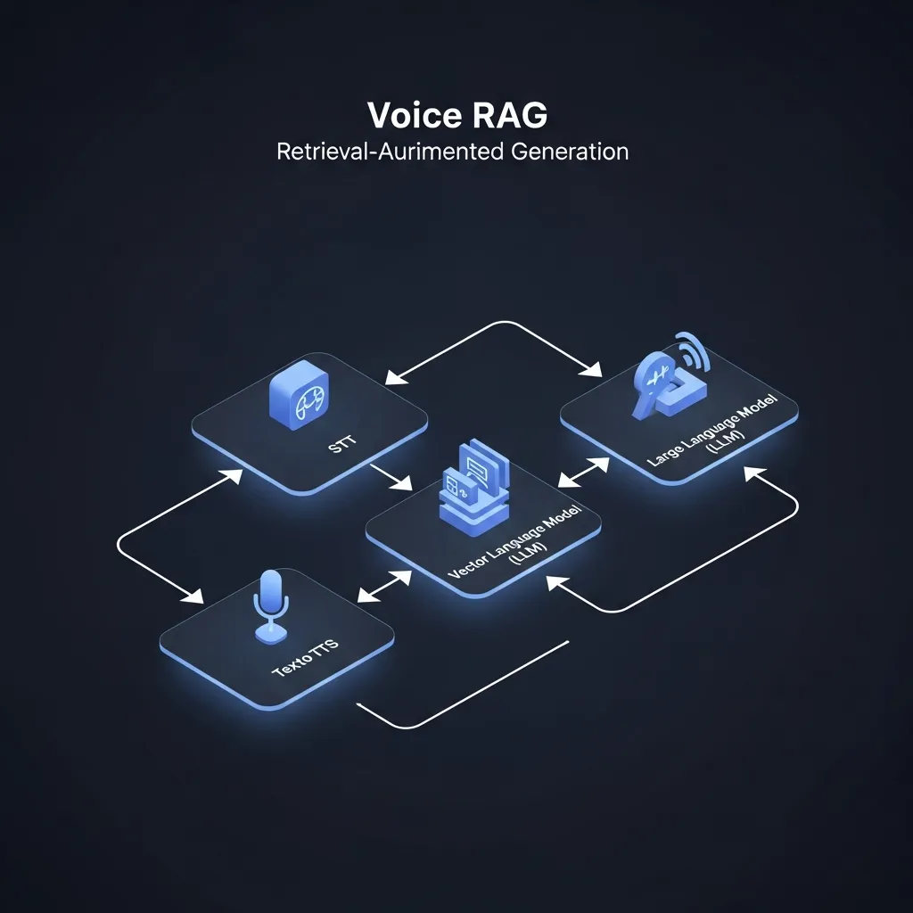 Technical diagram illustrating STT, Vector DB, LLM, and TTS workflow for conversational voice RAG systems.