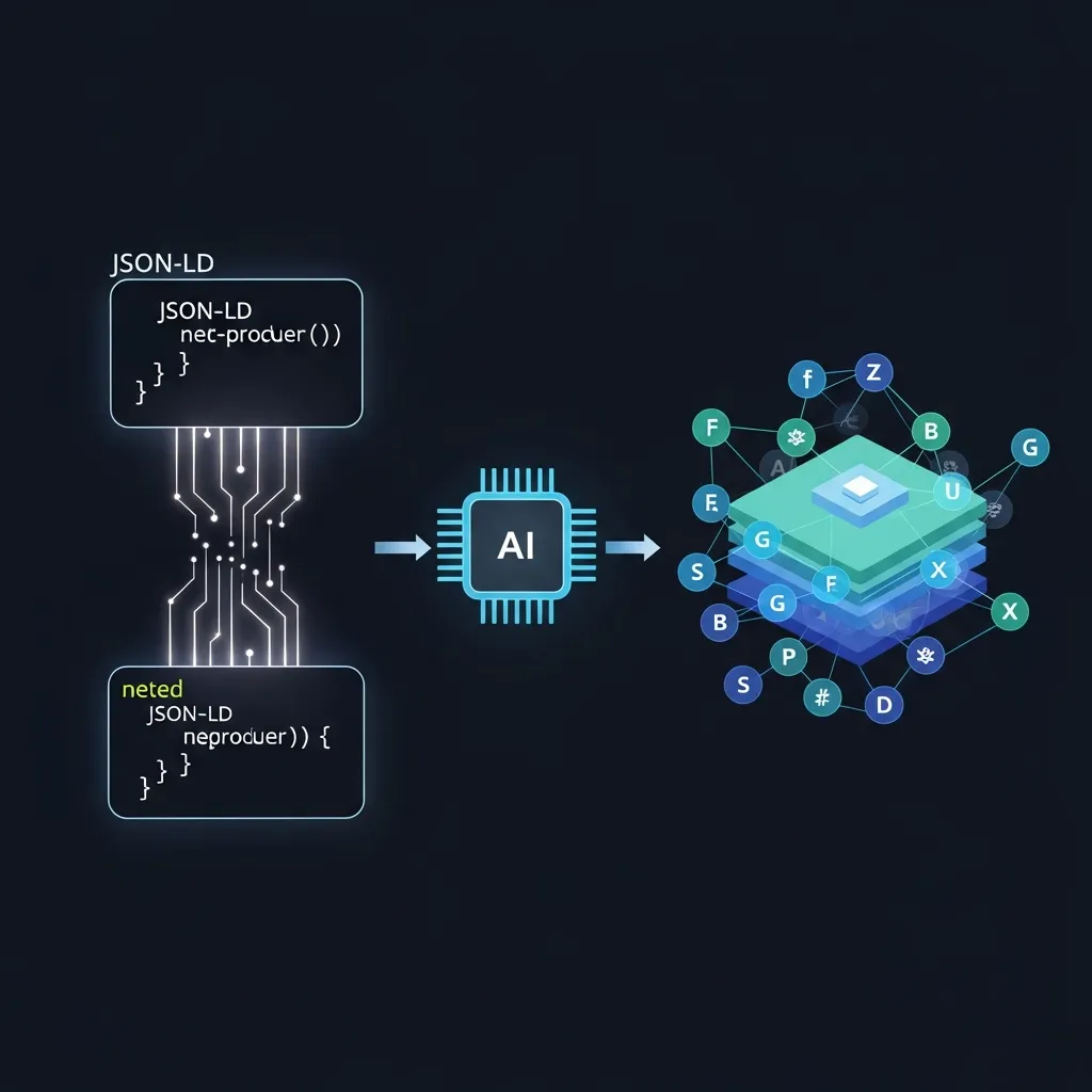Technical diagram of nested JSON-LD schema feeding into AI systems and semantic knowledge graphs for SEO.