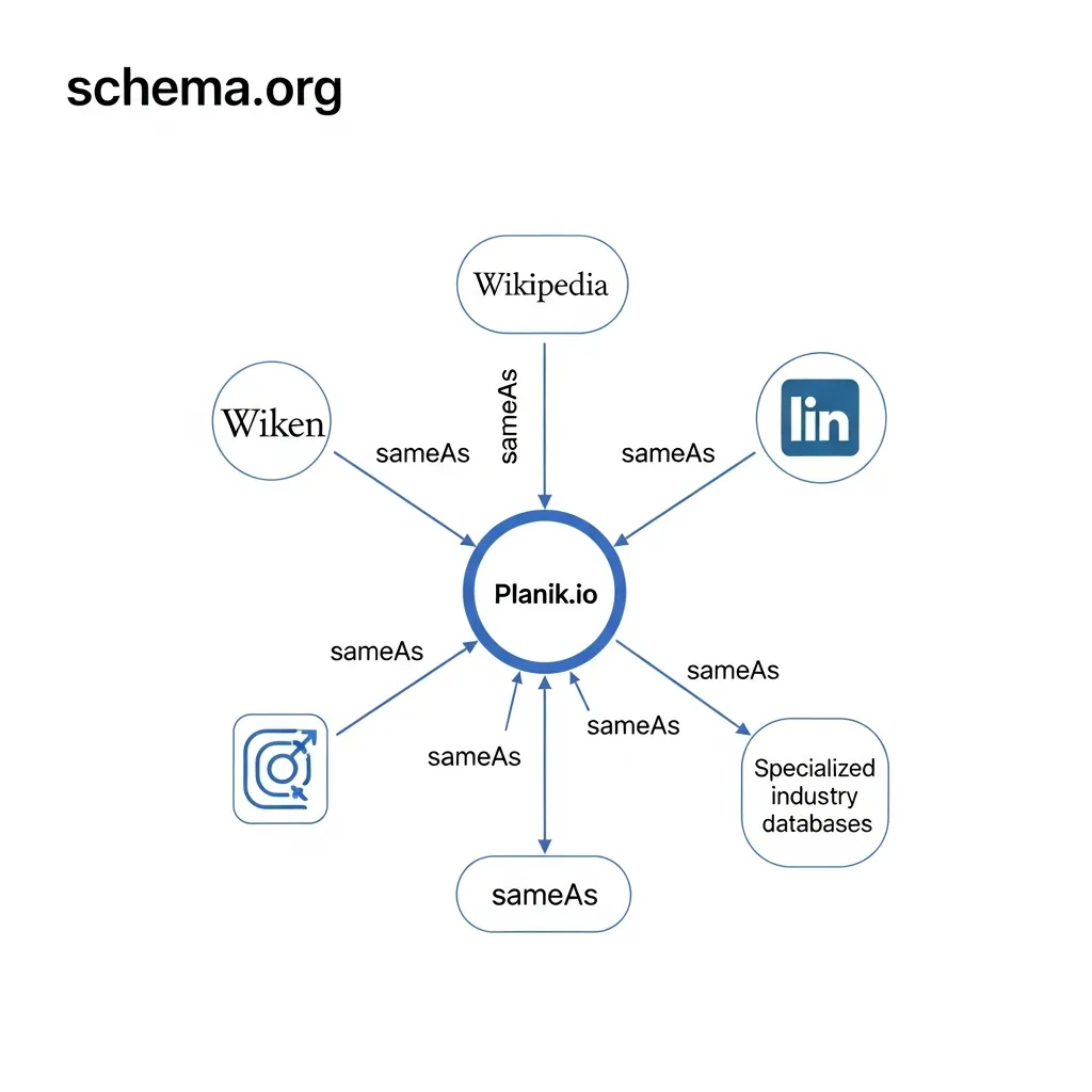 Technical diagram showing sameAs schema linking Planik.io to authoritative sources for AI search disambiguation.