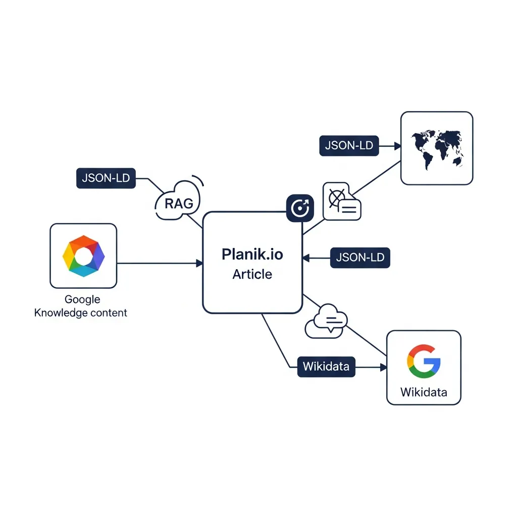 Technical diagram showing schema markup connecting Planik.io content entities to external knowledge graphs for RAG SEO.