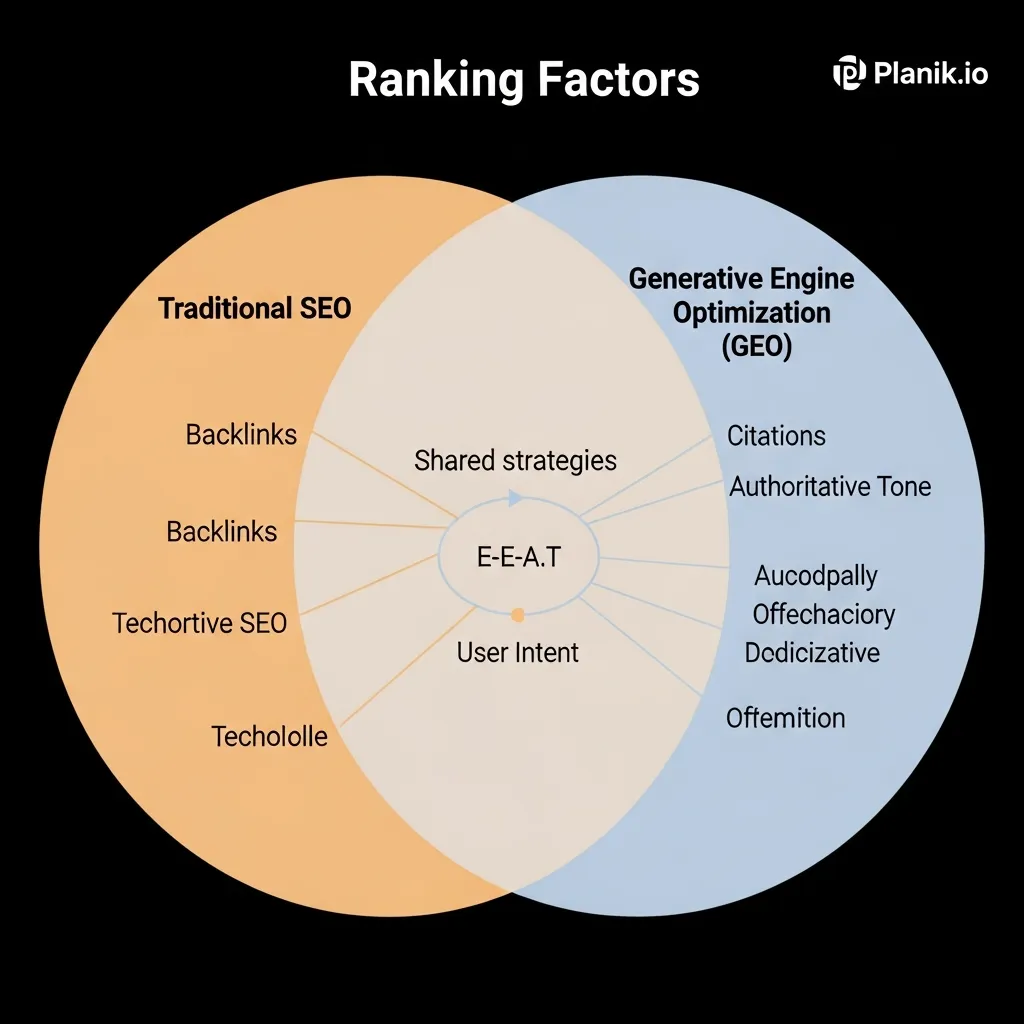 Venn diagram by Planik.io comparing traditional SEO and GEO ranking factors and their overlapping strategies.
