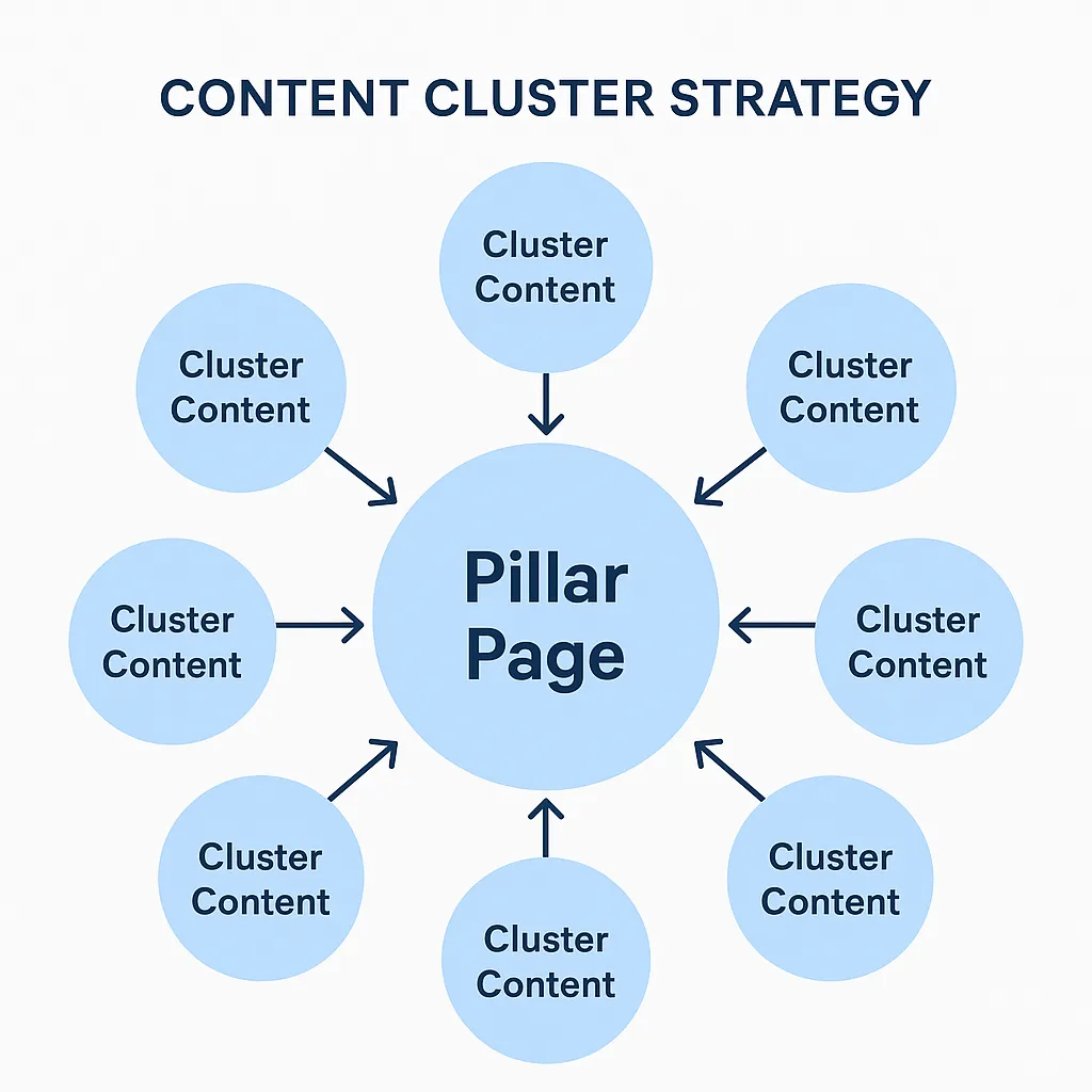 Visual representation of a pillar page and topic clusters with bidirectional internal linking arrows.