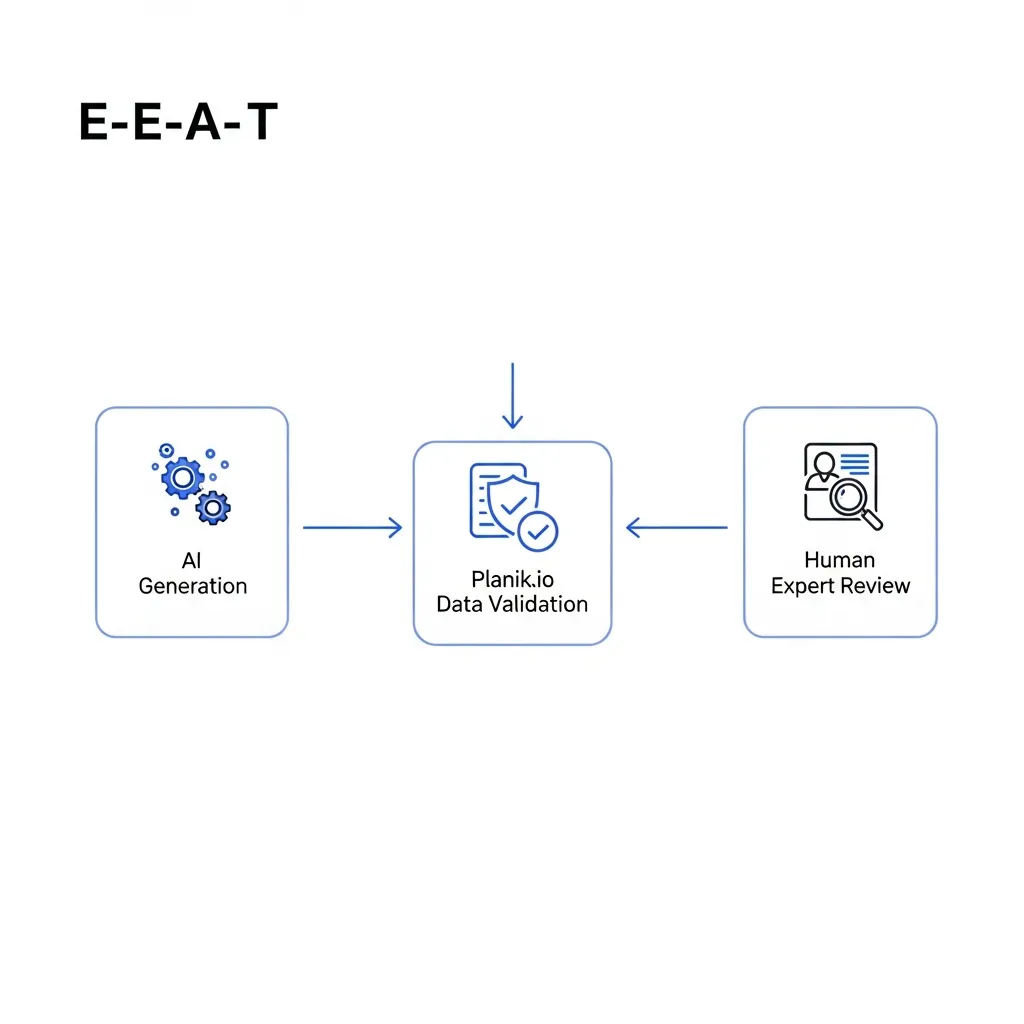 Workflow diagram illustrating AI content validation and human expert review for E-E-A-T search authority optimization.