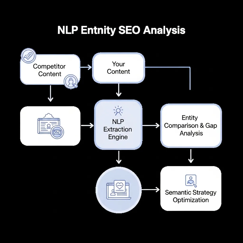 Workflow diagram illustrating NLP entity extraction from competitor content compared to existing website content.