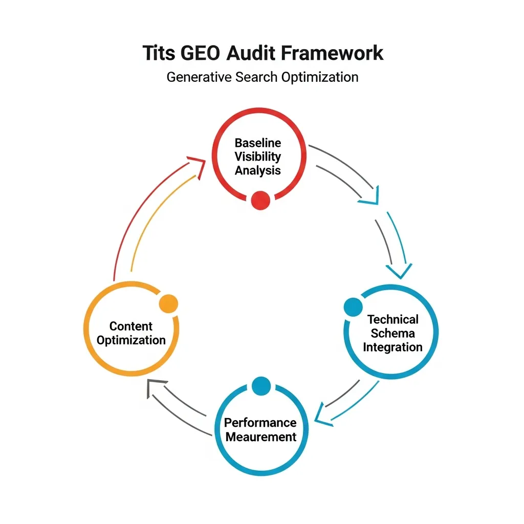 Workflow diagram of a multi-stage GEO audit framework for improving generative search engine visibility.