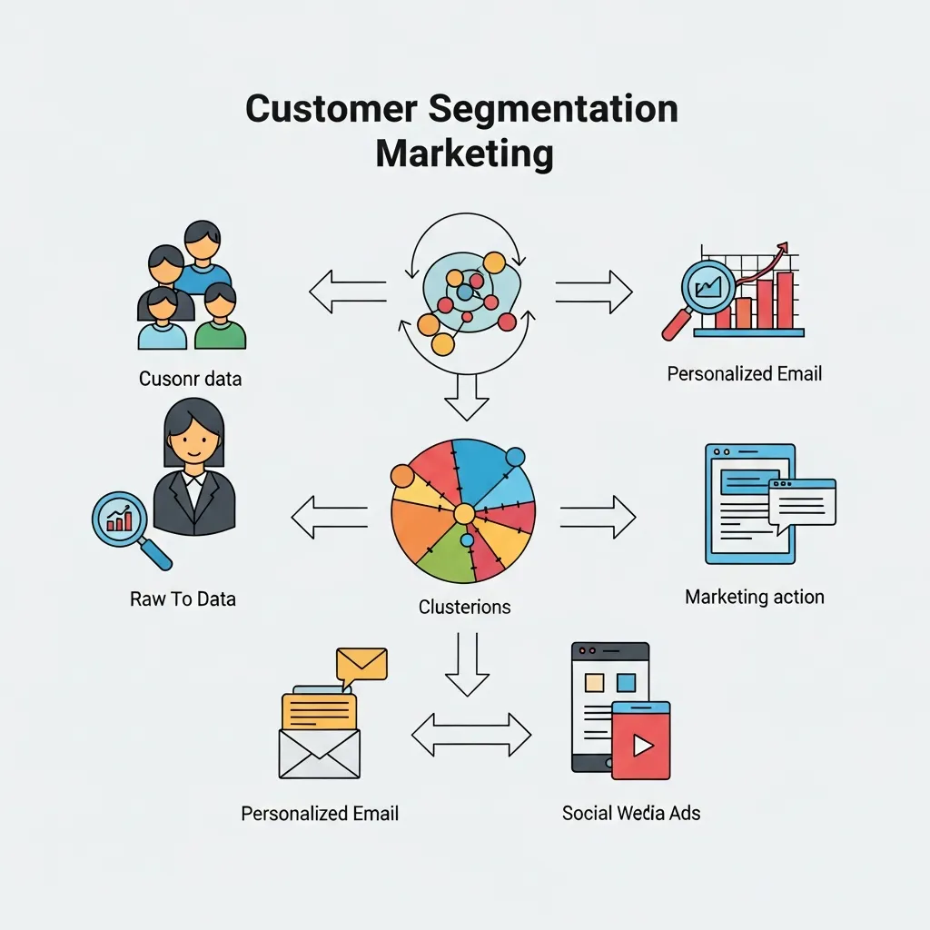Workflow diagram of customer data clustering into segments for targeted marketing campaigns and evaluation metrics.