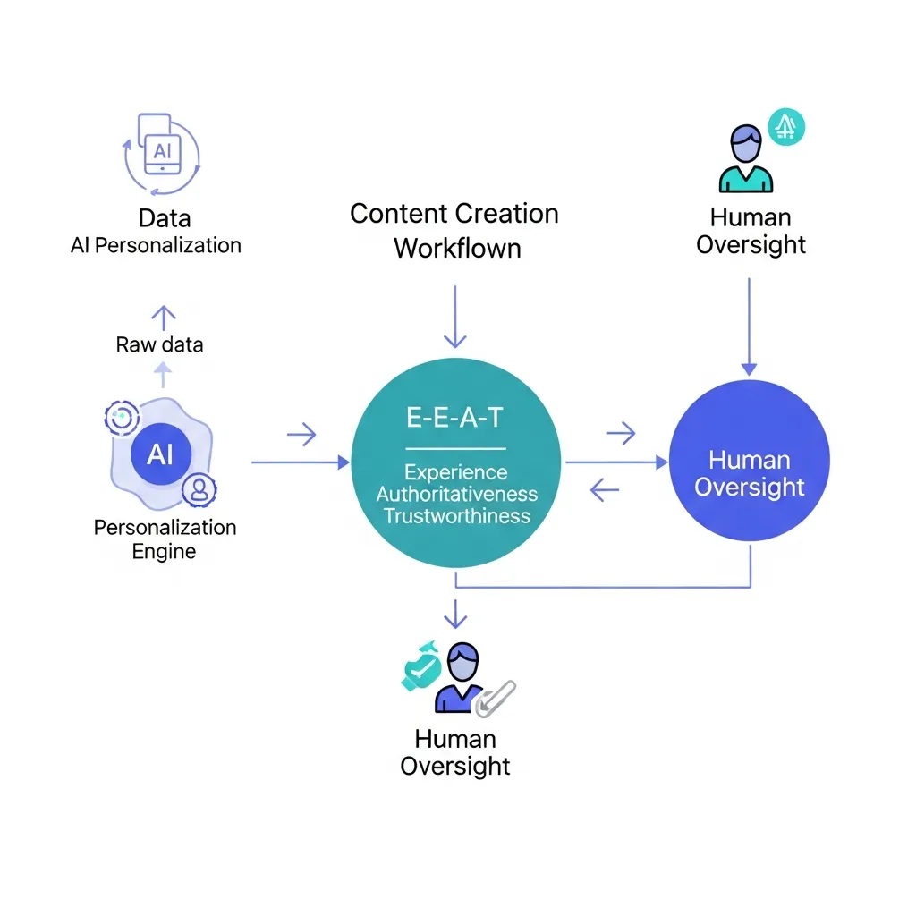 Workflow diagram showing AI content personalization and E-E-A-T validation with human oversight points.