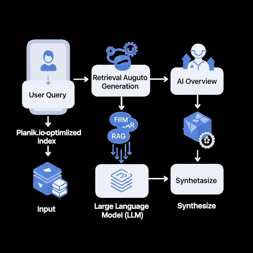 Workflow diagram showing how RAG and LLM technology generate AI Overviews for Planik.io search optimization.
