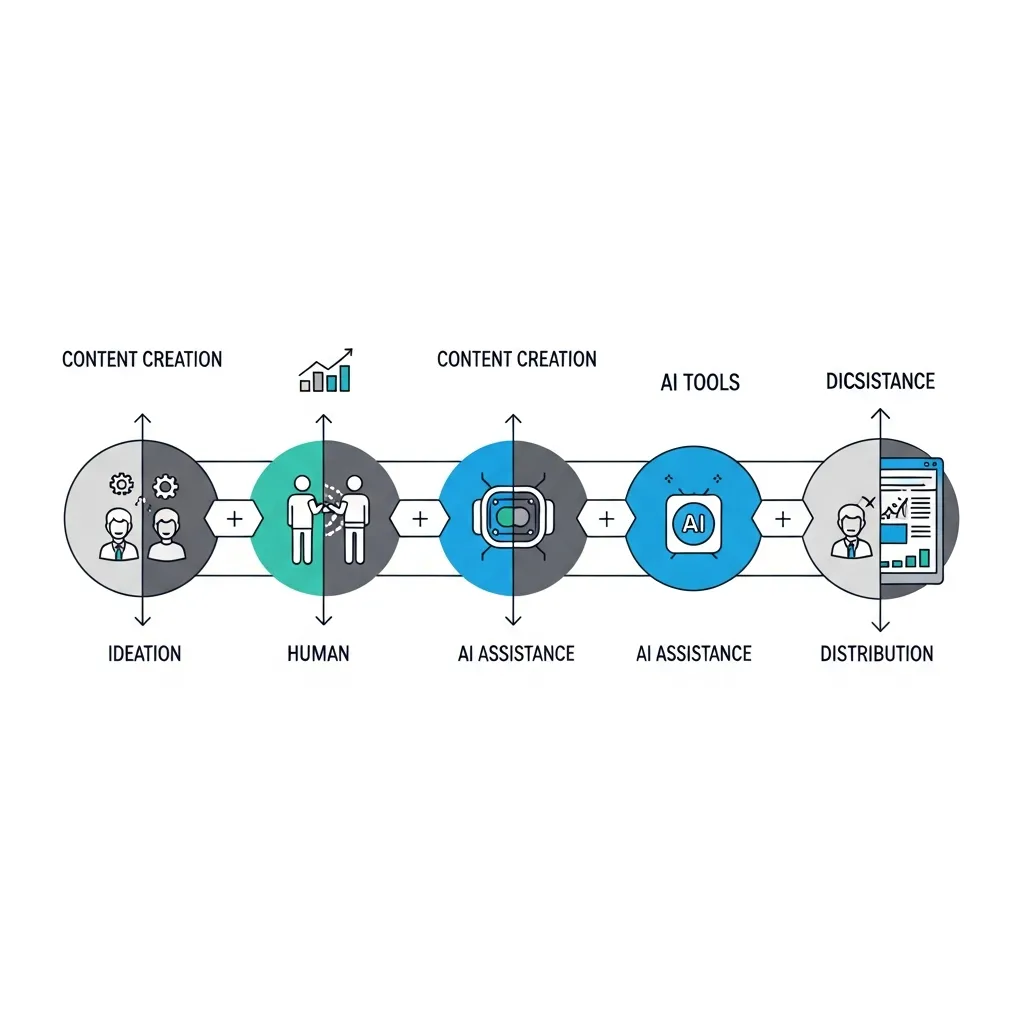 Workflow diagram showing human and AI collaboration steps for marketing content creation.