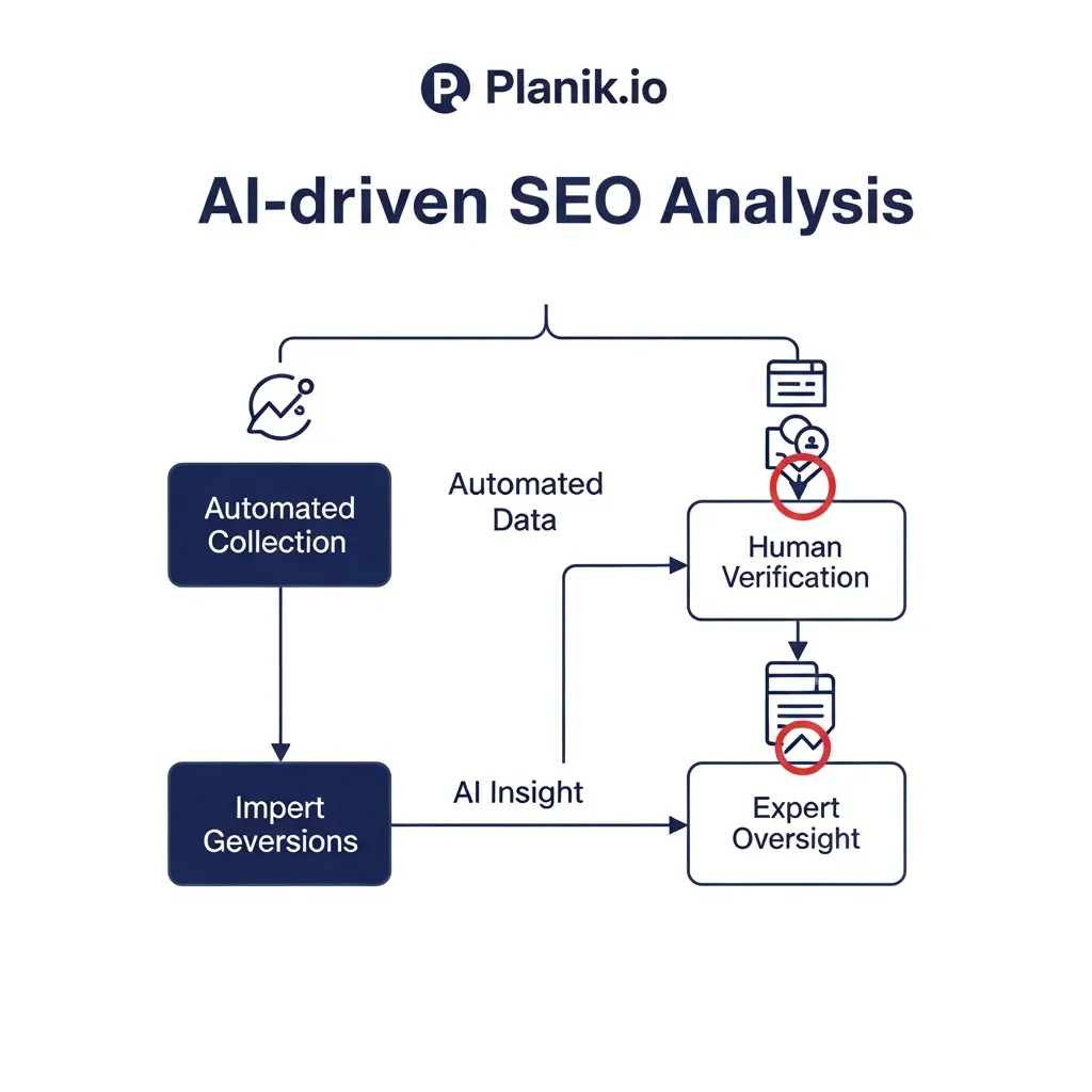 Workflow diagram showing human oversight and verification points in an AI SEO analysis by Planik.io.