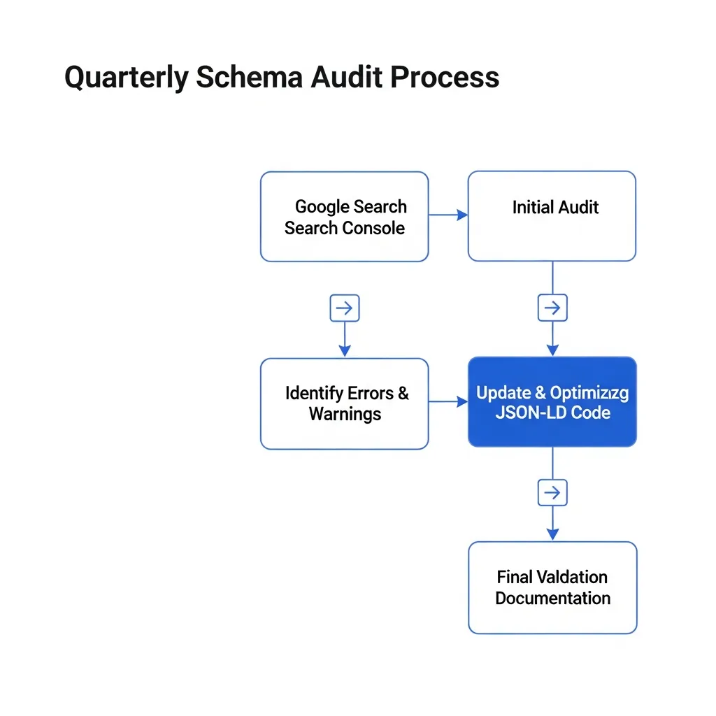 Workflow diagram showing the steps of a quarterly schema audit process for troubleshooting structured data.
